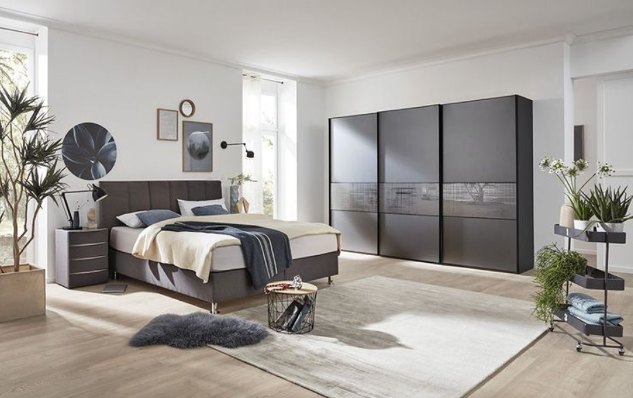 bedroom furniture set, modern bed frame, bedroom wardrobe, sliding door wardrobe, upholstered bed, bedside table, brand awareness, lifestyle, calm, trustworthy, neutral